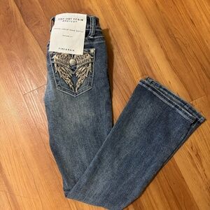 Womens Rhinestone Embellished Bootcut Jeans Size 7 Med Wash Low Rise Stretch NWT